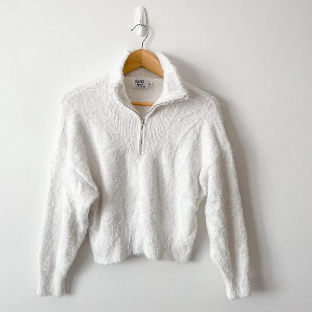 Princess Polly Fuzzy Soft Knit Quarter Zip Pullover Sweater White Size XS/Small